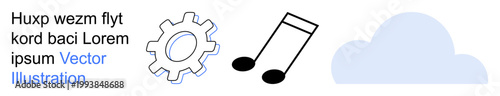 Technology, media production, cloud computing, innovation, digital transformation, data devices. Image shows a gear, musical notes and a cloud. Technology and media production concept