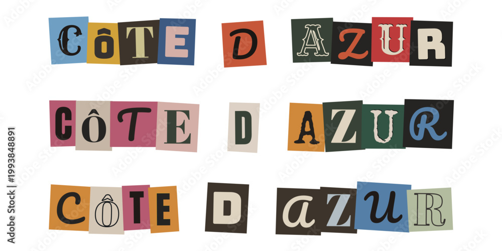 Fototapeta premium Texte de destination estivale en lettres decoupees style collage vintage et message anonyme.