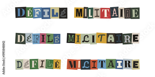 Défilé militaire écrit en lettres découpées style anonyme pour collage de protestation ou fanzine