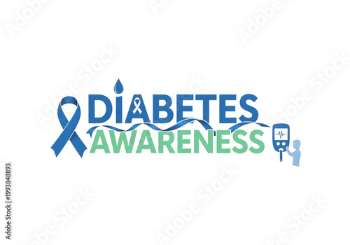 Diabetes awareness typography with blue ribbon and blood glucose meter png on transparent background