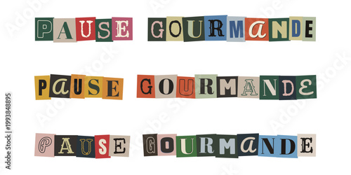 Pause gourmande lettrage style collage de magazine pour menu de salon de thé