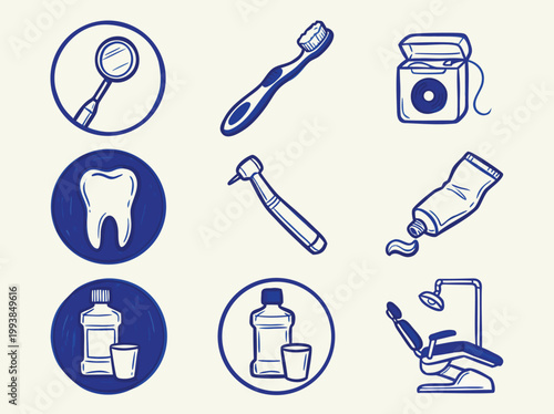 Dental Care Icons Set Toothbrush Floss Mouthwash and More.