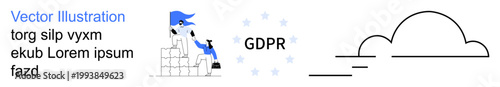 Data privacy, legal compliance, information security, digital protection, cloud storage, regulatory concepts. Icon of person arranging blocks with blue accents and GDPR text. Data privacy and legal