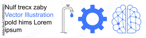 Sustainability, innovation, automation, AI, technology, industrial design. Faucet with droplet, gear icon neural network. Explores water conservation and technological innovation in one visual