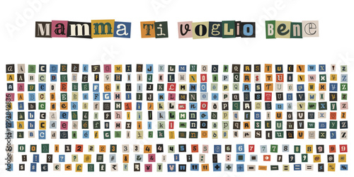 Biglietto auguri festa della mamma con lettere ritagliate da giornali stile collage vintage creativo