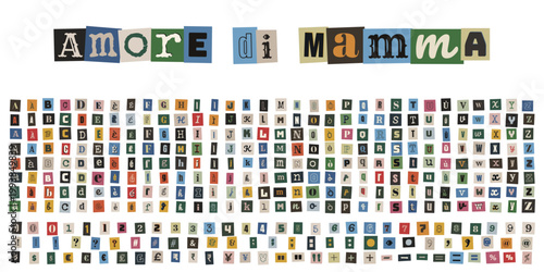 Alfabeto stile lettera anonima con scritta amore di mamma per scrapbooking e collage