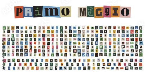 Alfabeto collage stile lettera anonima per festa del lavoro primo maggio con numeri e simboli