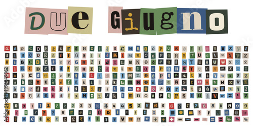 Lettere e numeri stile collage per la Festa della Repubblica Italiana del Due Giugno