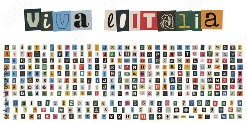 Alfabeto ritagliato stile lettera di riscatto vintage con lettere e numeri da rivista per collage