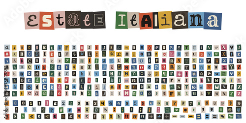 Alfabeto ritagliato stile lettera anonima per collage creativo estate italiana