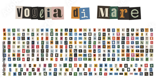 Alfabeto collage stile lettera anonima per scrapbooking estivo e diario di viaggio creativo