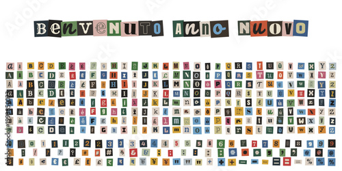 Alfabeto stile riscatto ritagliato per collage creativo e auguri di buon anno nuovo
