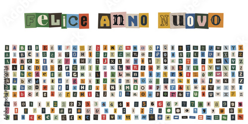 Lettere ritagliate da giornale per biglietto di auguri Felice Anno Nuovo in stile collage