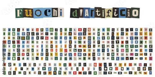 Alfabeto completo stile biglietto anonimo con lettere e numeri ritagliati da riviste vintage per collage