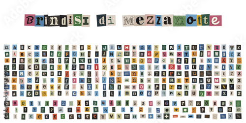 Alfabeto ritagliato stile collage per invito brindisi di mezzanotte e festa creativa