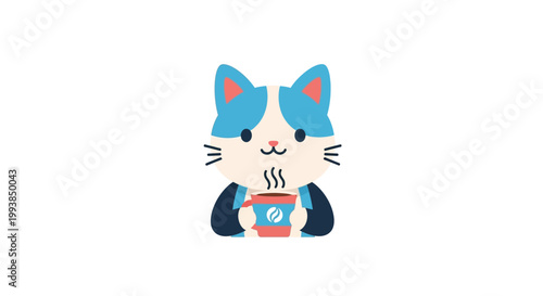 Cute cartoon cat holding coffee mug.