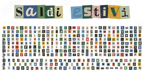 Alfabeto e numeri ritagliati da giornali per promozioni di saldi estivi in stile vintage collage