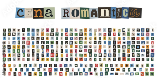 Alfabeto stile lettera di riscatto per cena romantica, lettere ritagliate da giornali, invito creativo