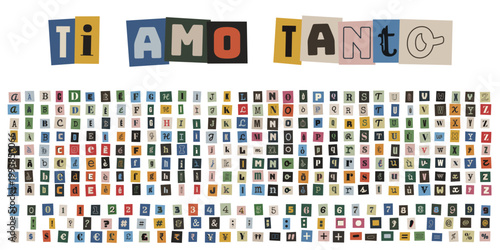 Lettere ritagliate da giornale per messaggi anonimi e collage creativo