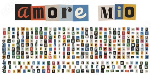 Alfabeto ritagliato stile lettera anonima con scritta amore mio per messaggi romantici creativi e collage