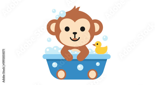 Monkey playing in bathtub with rubber duck.
