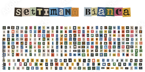 Lettere ritagliate stile riscatto per settimana bianca e vacanze sulla neve