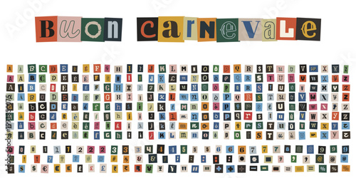 Lettere e numeri ritagliati da giornale per auguri di Buon Carnevale stile collage creativo fai da te