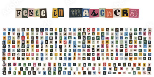 Alfabeto a ritaglio stile lettera anonima per inviti feste in maschera e carnevale