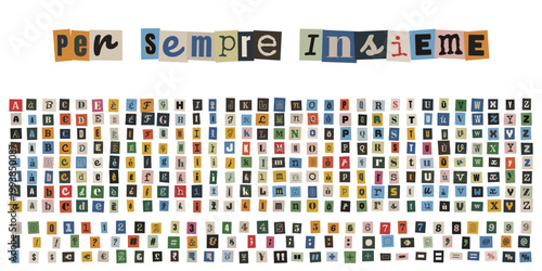 Alfabeto stile lettera anonima con frase per sempre insieme per collage e design