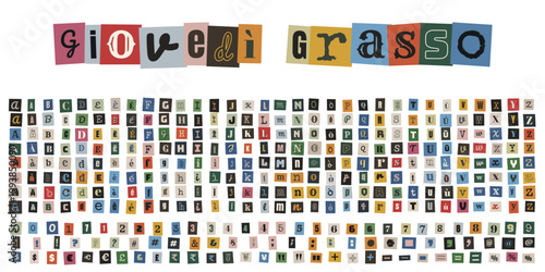 Alfabeto di lettere ritagliate stile anonimo per Giovedi Grasso e festa di Carnevale