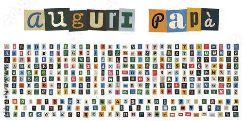 Lettere e numeri ritagliati stile giornale per auguri papà, alfabeto collage colorato fai da te
