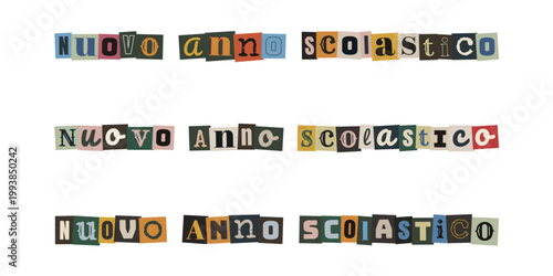 Scritta nuovo anno scolastico in stile collage con lettere ritagliate da riviste su bianco