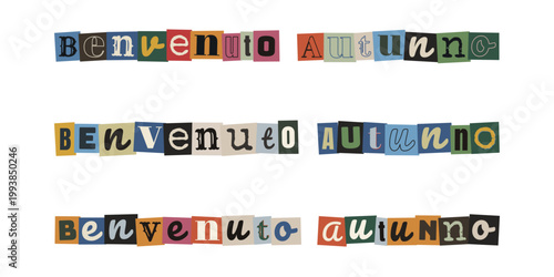 Benvenuto Autunno scritta stile riscatto ritagli di giornale per collage creativo