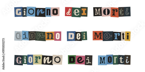 Scritta Giorno dei Morti in stile collage con lettere ritagliate per progetti di Halloween e mistero