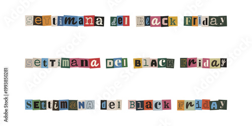 Settimana del Black Friday scritta con lettere ritagliate stile collage per promozioni e sconti retail
