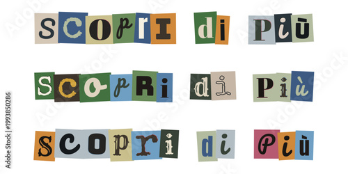 Scritta scopri di piu in stile lettera di riscatto anonima per marketing creativo