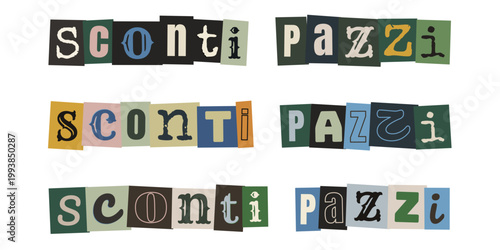 Scritta sconti pazzi stile lettera di riscatto per marketing creativo e promozioni originali