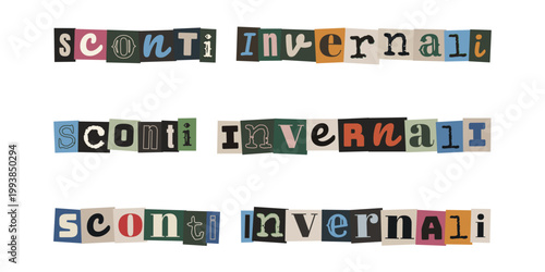 Testo sconti invernali composto da lettere di giornale ritagliate stile riscatto per saldi di stagione