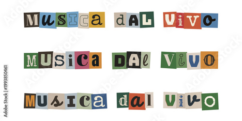 Scritta Musica dal vivo in stile collage di ritagli di giornale per eventi underground e concerti indie