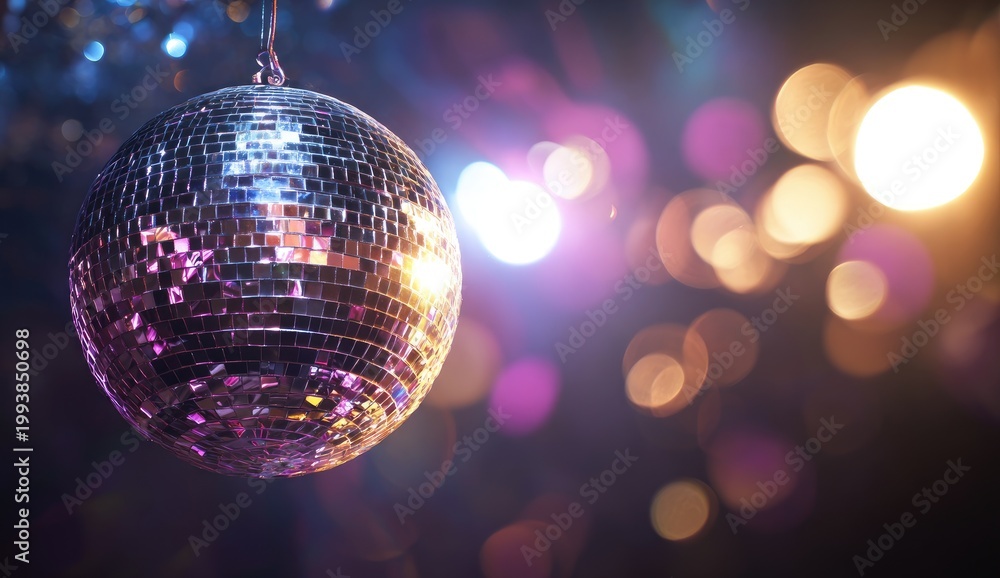 Obraz premium A sparkling disco ball reflects colorful, out-of-focus lights in a dark party scene