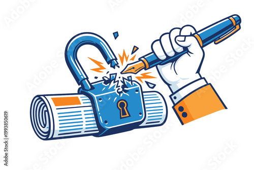Freedom of press vector illustration, hand with fountain pen breaking padlock on newspaper, journalism concept art