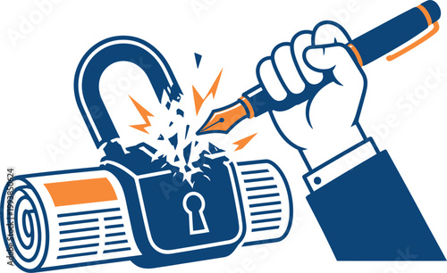 Journalism freedom concept vector, hand breaking padlock with fountain pen, press censorship and newspaper illustration