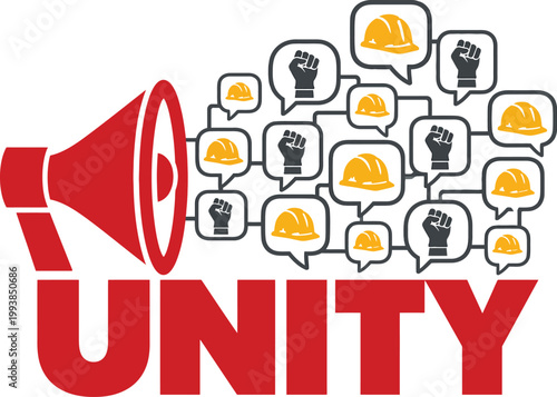 Labor unity protest illustration, megaphone with speech bubbles, industrial worker strike and union rights vector