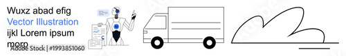 Artificial intelligence, logistics, smart technology, automation, robotics, online delivery. Humanoid robot with clipboard beside a delivery truck and dynamic cloud illustration. Artificial