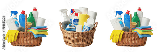 Cleaning Supplies Basket Detergent Spray Bottles Housework Service Set Isolated Transparent Background 3D Render PNG Asset