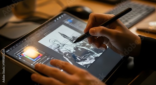 Artist drawing on a digital tablet with stylus, close-up of hands and screen.