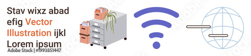 Digital communication, file sharing, cloud storage, networking, globalization, technology services. File cabinets with documents, wireless signal and globe icon. Digital communication and file