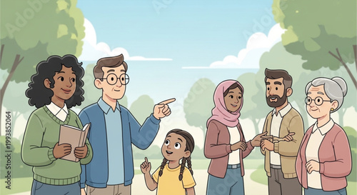 A diverse group of cartoons in a light and harmonious environment, without excessive contrast, with a balanced and emotionally neutral palette.