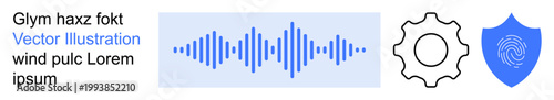 Cybersecurity, identity verification, biometric authentication, technology integration, secure software development, data protection. Sound wave, gear and shield with fingerprint. Cybersecurity
