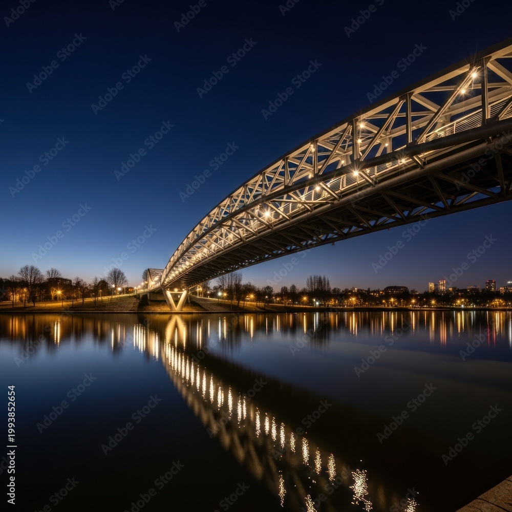 Naklejka premium Illuminated Bridge Arches Over Reflecting River at Night.